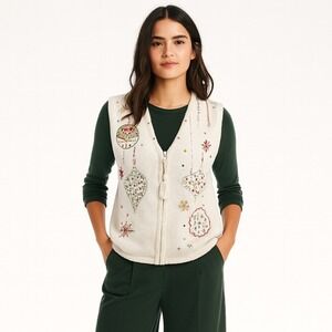 Kim Rogers Sweater Vest Women Cream Beaded Sequin Christmas Holiday Ornaments  M